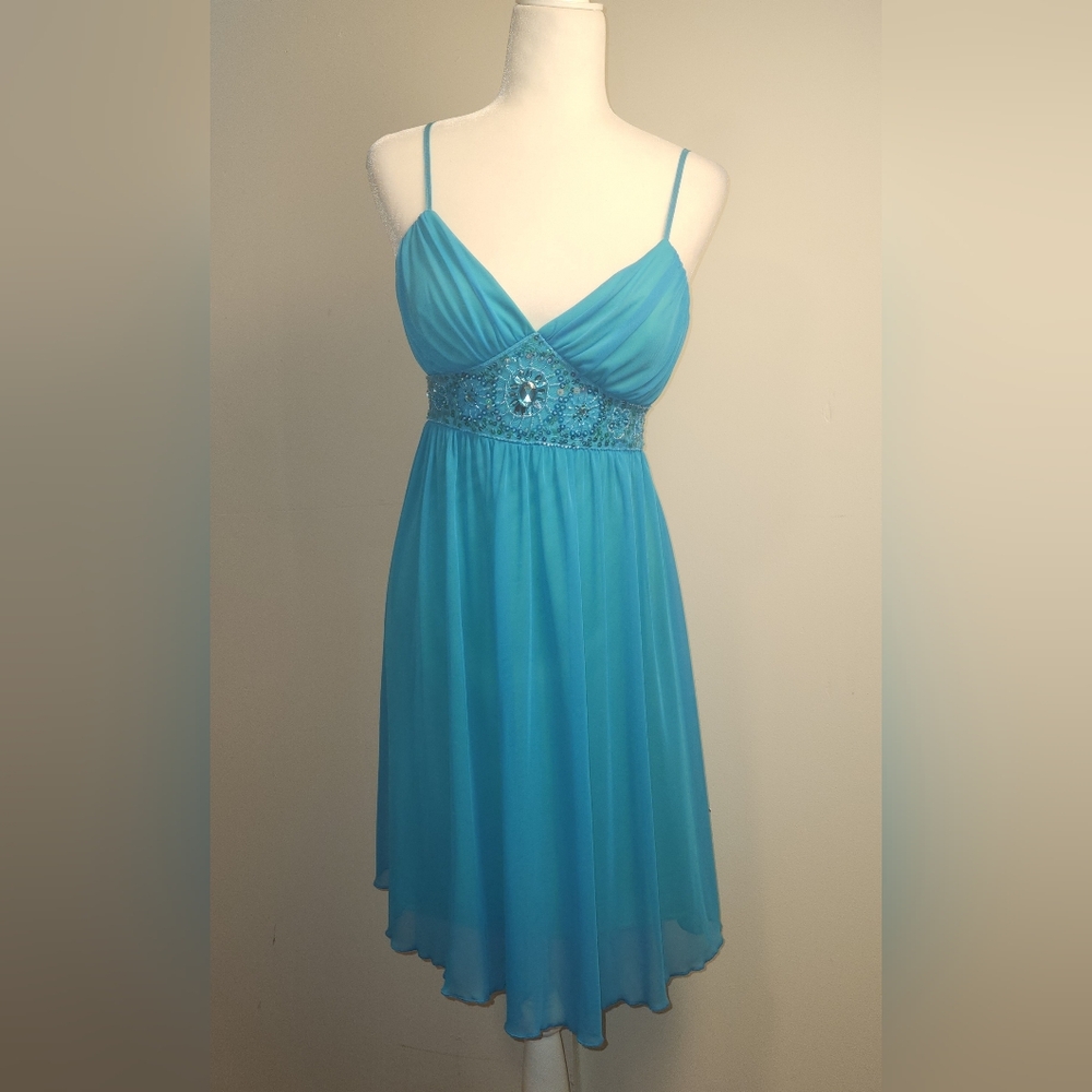 VTG Y2K City Triangles Bright Turqouise Blue Lime Green Floaty Fairy Dress Large